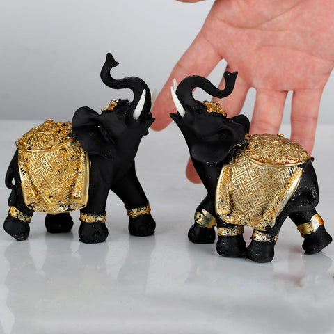 Luck Elephant Decor Set with Trunks Up - Feng Shui Resin Black and Golden Couple Elephant Figurines - Pair of Elephants Statue, Modern Sculpture for Home Decor