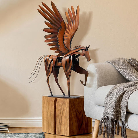 Horse Statue Décor Artwork, 24" H Handmade Metal Pegasus Greek Flying Horse Sculpture, Hand-Painted Animal Figurines for Home Living Room Office (Brown with Wings)