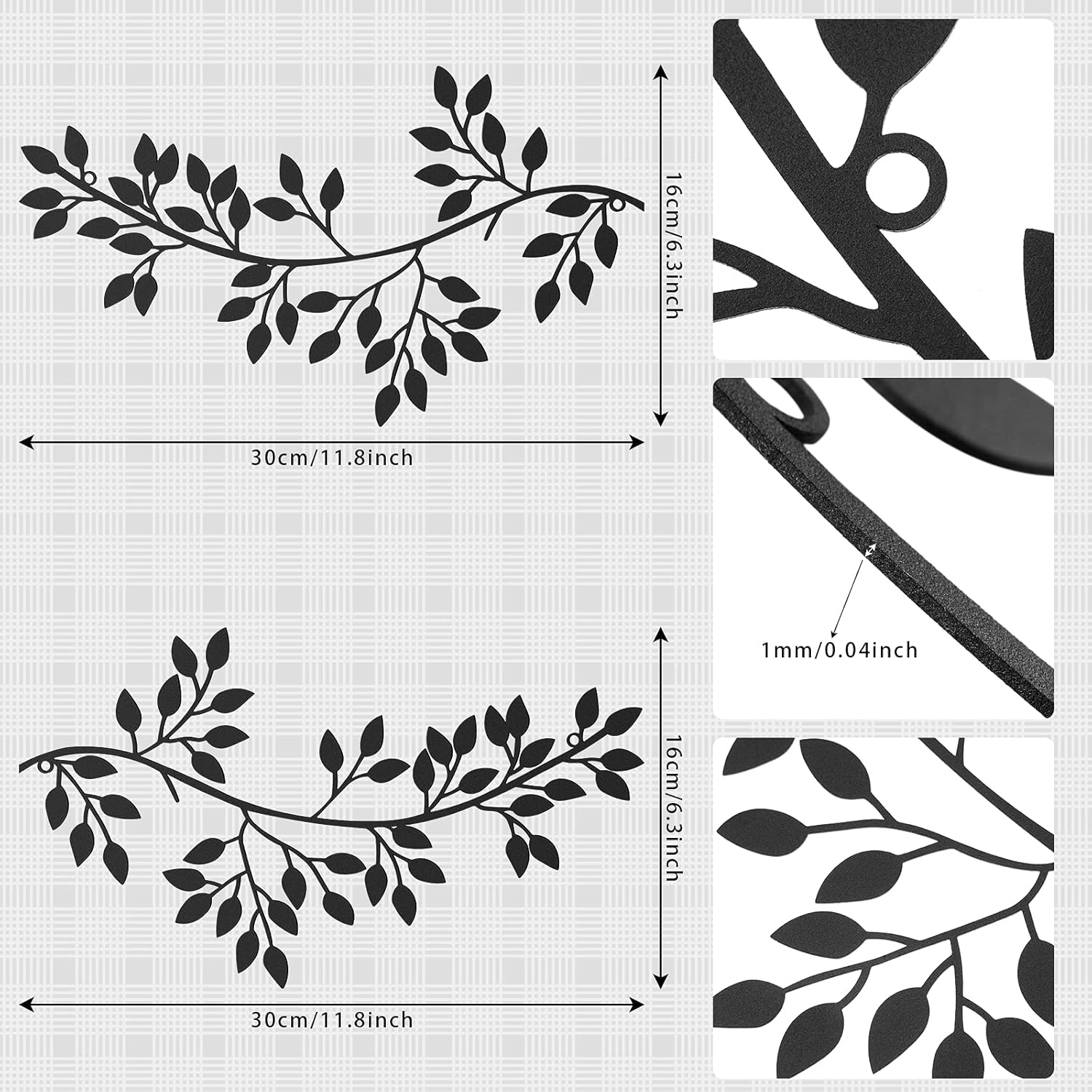 2 Pieces Metal Tree Leaf Wall Decor Vine Olive Branch Leaf Wall Art Wrought Iron Scroll Sculptures Above the Bed, Living Room, Outdoor Decoration (Black,Classic Style)