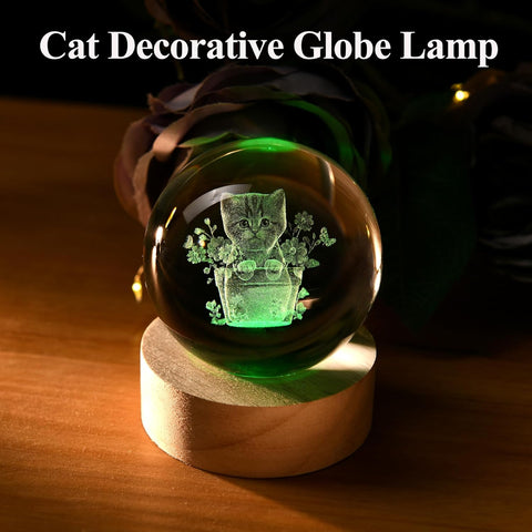 3D Cat Themed Gifts for Women Decor for Cat Lovers Cat Mom Crystal Ball Cat Related Sympathy Presents with Wooden Light Base