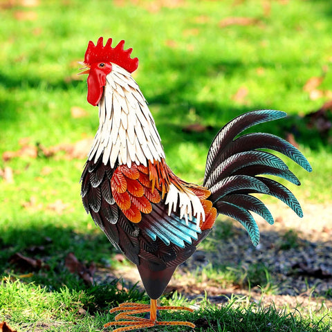 Metal Rooster Decor,Yard Chicken Decorations,Outdoor Garden Statues, Metal Chicken Sculpture for Backyard Patio Kitchen Decor & Lawn Ornaments