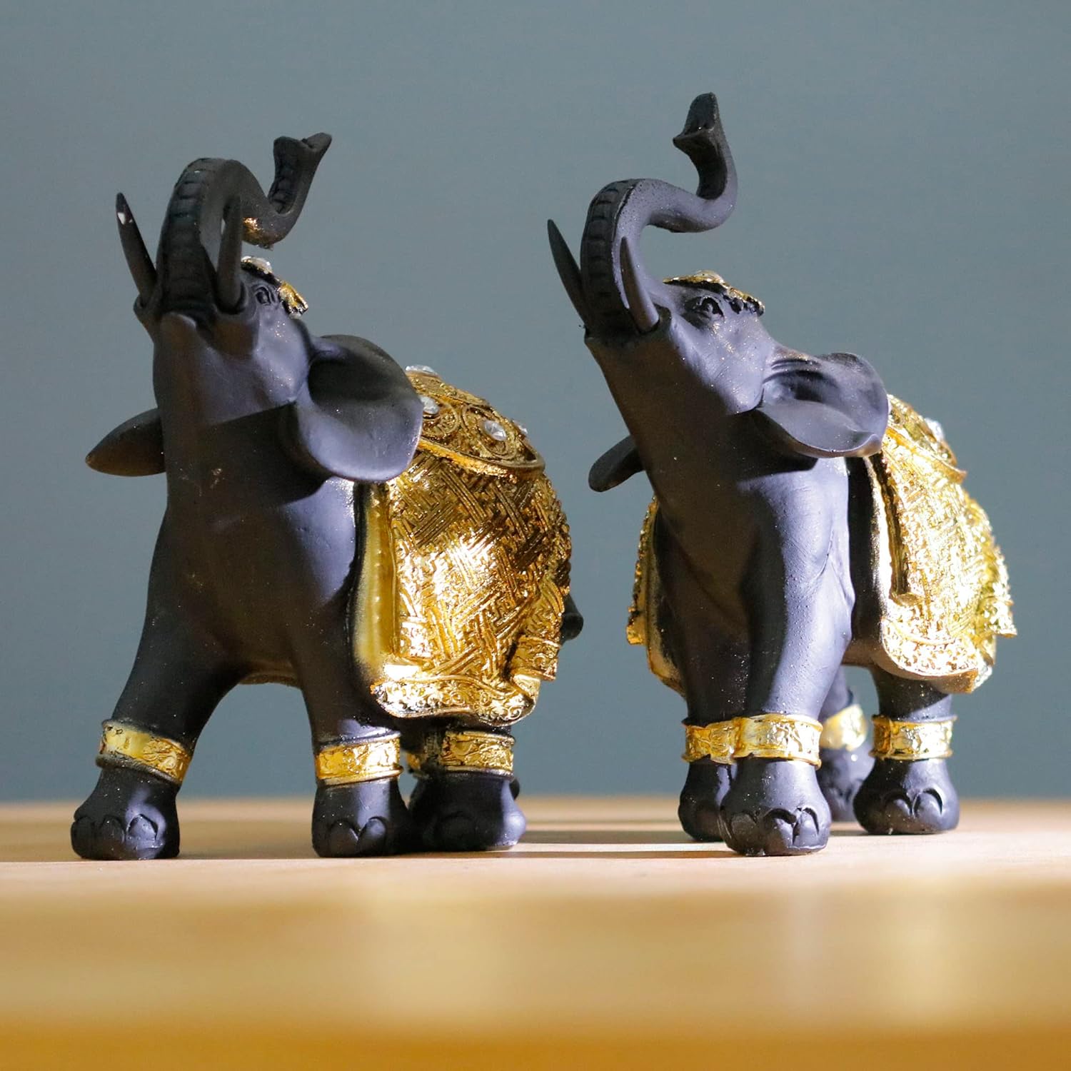 Luck Elephant Decor Set with Trunks Up - Feng Shui Resin Black and Golden Couple Elephant Figurines - Pair of Elephants Statue, Modern Sculpture for Home Decor