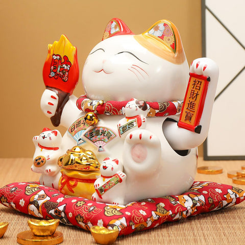 Lucky Statue Cat - Chinese Good Luck Cat with Waving Arm,Ceramic Fortune Cat Statue,Japanese Money Cat for Home, Office, and Store Decorations