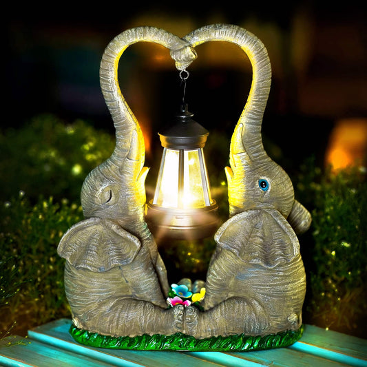 Elephant Statue Garden Decor with LED Solar Lights-Set of 2 Good Luck Elephant Outdoor Statue Christmas Decorations for Yard Patio,Porch,Home -Mothers Valentines Day Gifts for Women, Mom, Grandma 2000