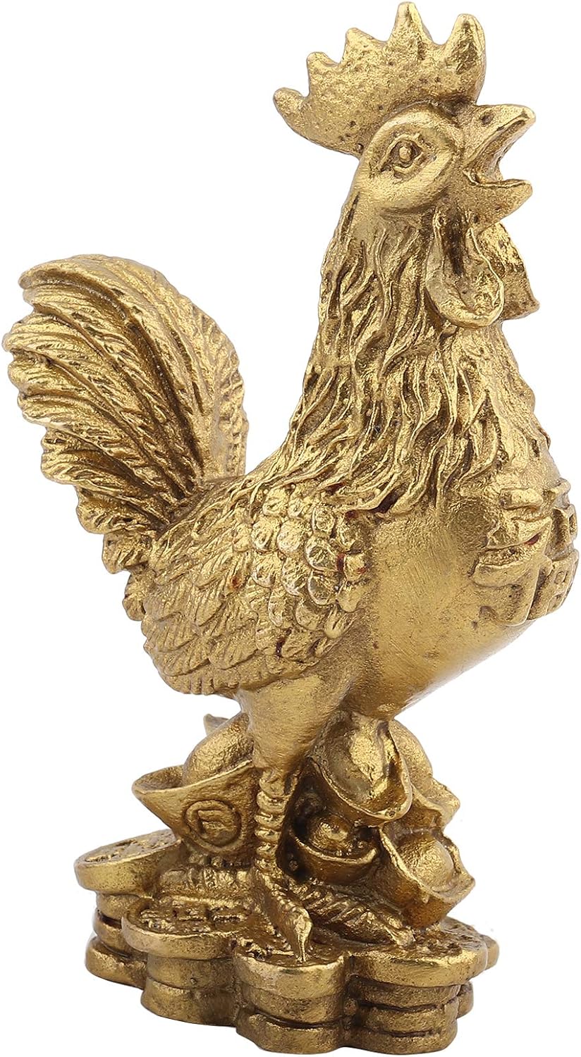 Brass Chicken Statue, Rooster Good Luck Figurine Feng Shui Golden Ornament Desktop Handicraft Wealth Cock Table Sculpture Auspicious Animal Chinese Zodiac Gift Home Office Collection Decoration