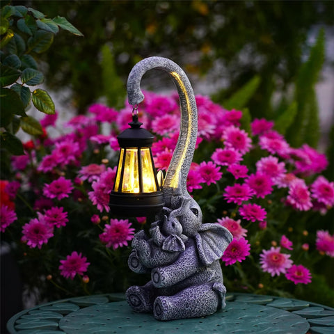 Elephant Outdoor Statues with Cute Baby Garden Decor, Resin Elephant Figurines with Solar Lantern Outdoor Decoration Gifts for Mothers Day, Birthday Day