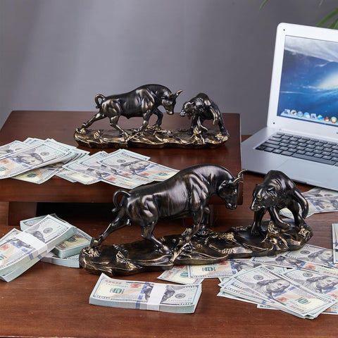 Bull and Bear Statue 15.7" L -Wall Street Bull Statue -Sculptures- Unique Decor for Financial Professionals,Gold