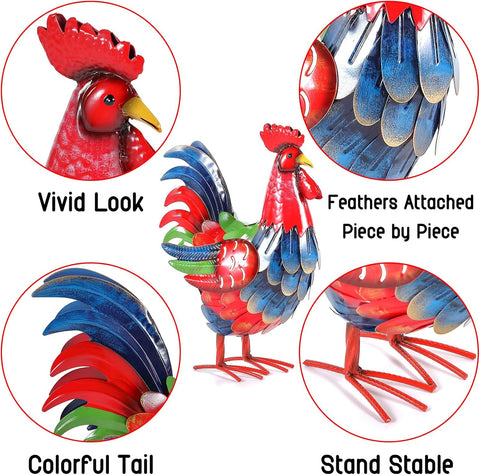 Metal Rooster Yard Decor, 16" Metal Chicken Yard Art, Garden Rooster Statues & Sculpture, Farmhouse Lawn Iron Chicken Figurines, Rooster Animal Decoration for Patio Backyard Home Kitchen