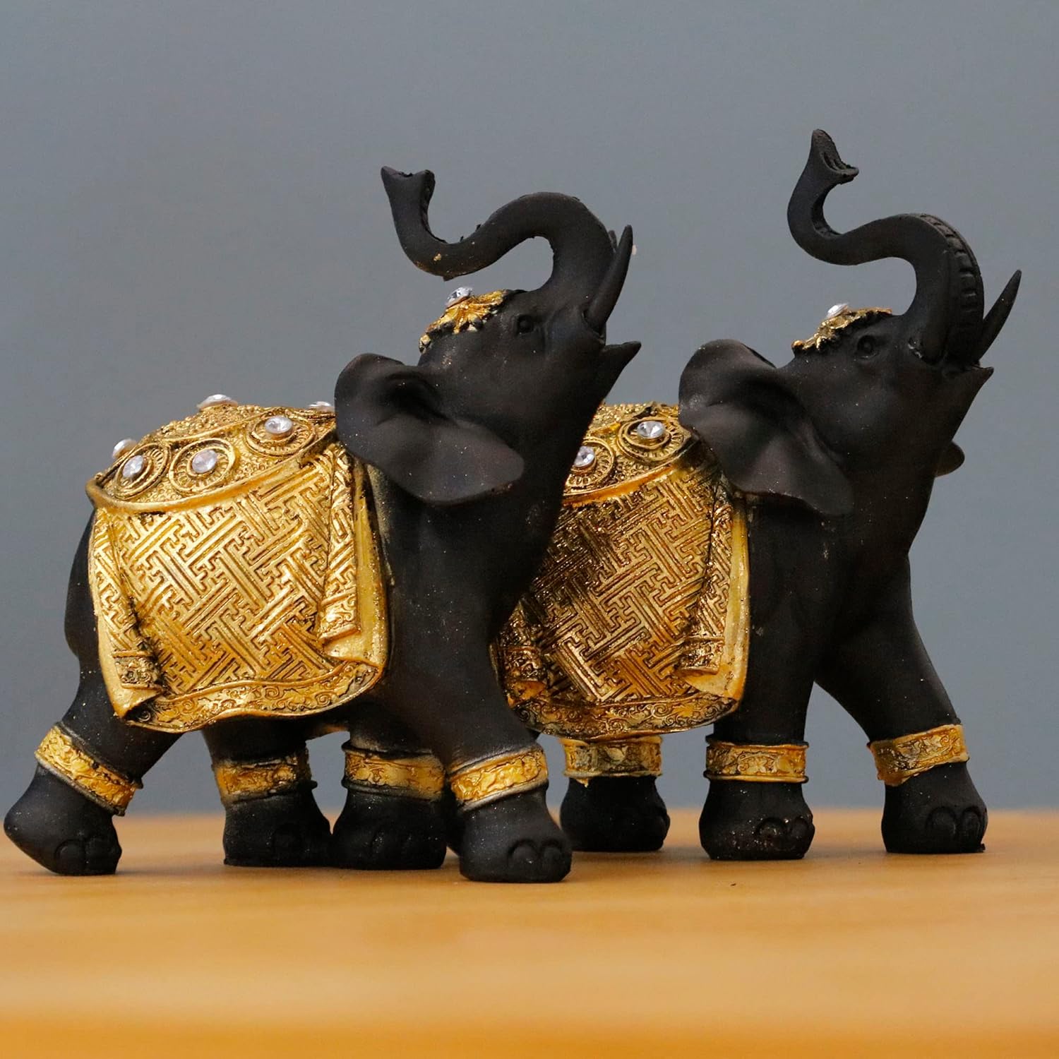 Luck Elephant Decor Set with Trunks Up - Feng Shui Resin Black and Golden Couple Elephant Figurines - Pair of Elephants Statue, Modern Sculpture for Home Decor