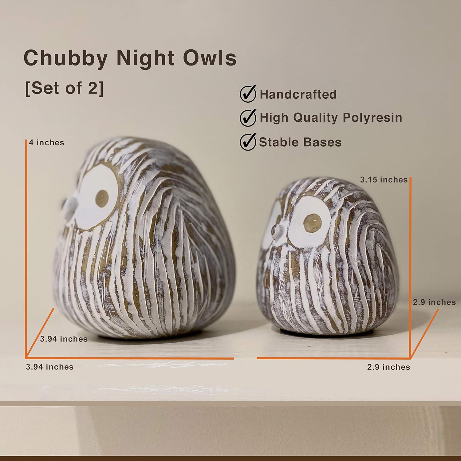 Chubby Night Owl Decor Statue Sculpture, Bookshelf Decor Accents, Boxed Set of 2, Rustic Brown & White, 3⅛ & 4⅓ Inch Decorative Resin Figurines