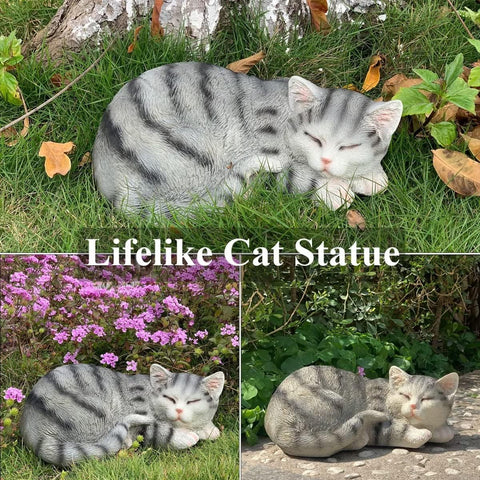 Cat Statue, Grey, Resin, Contemporary, Outdoor / Indoor Decor, 11.4" L x 7.1" W x 4.3" H, 1.5 lbs