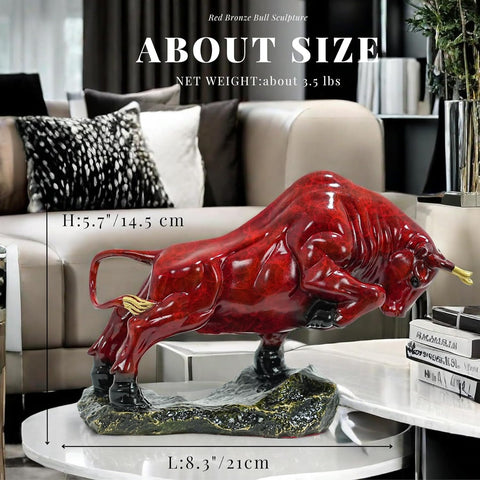 Bronze Bull Sculpture - Pure Copper Charging Bull/Cow/Ox Figure and Statue Handmand Collectable Art Decor - Raging Bull Figurine for Office& Home Decorations and Gift (L:8.3in Red)