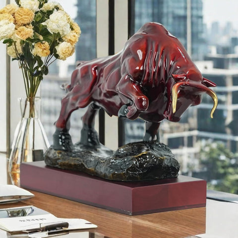 Bronze Bull Sculpture - Pure Copper Charging Bull/Cow/Ox Figure and Statue Handmand Collectable Art Decor - Raging Bull Figurine for Office& Home Decorations and Gift (L:8.3in Red)