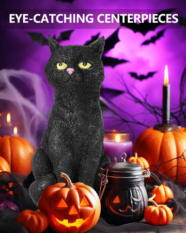 Black Cat Figurine with Glow-in-The-Dark Eyes - 7.3" Spooky Resin Halloween Decor Outdoor/Indoor Spring Summer Decorations Lawn Garden Statue (Black Cat)