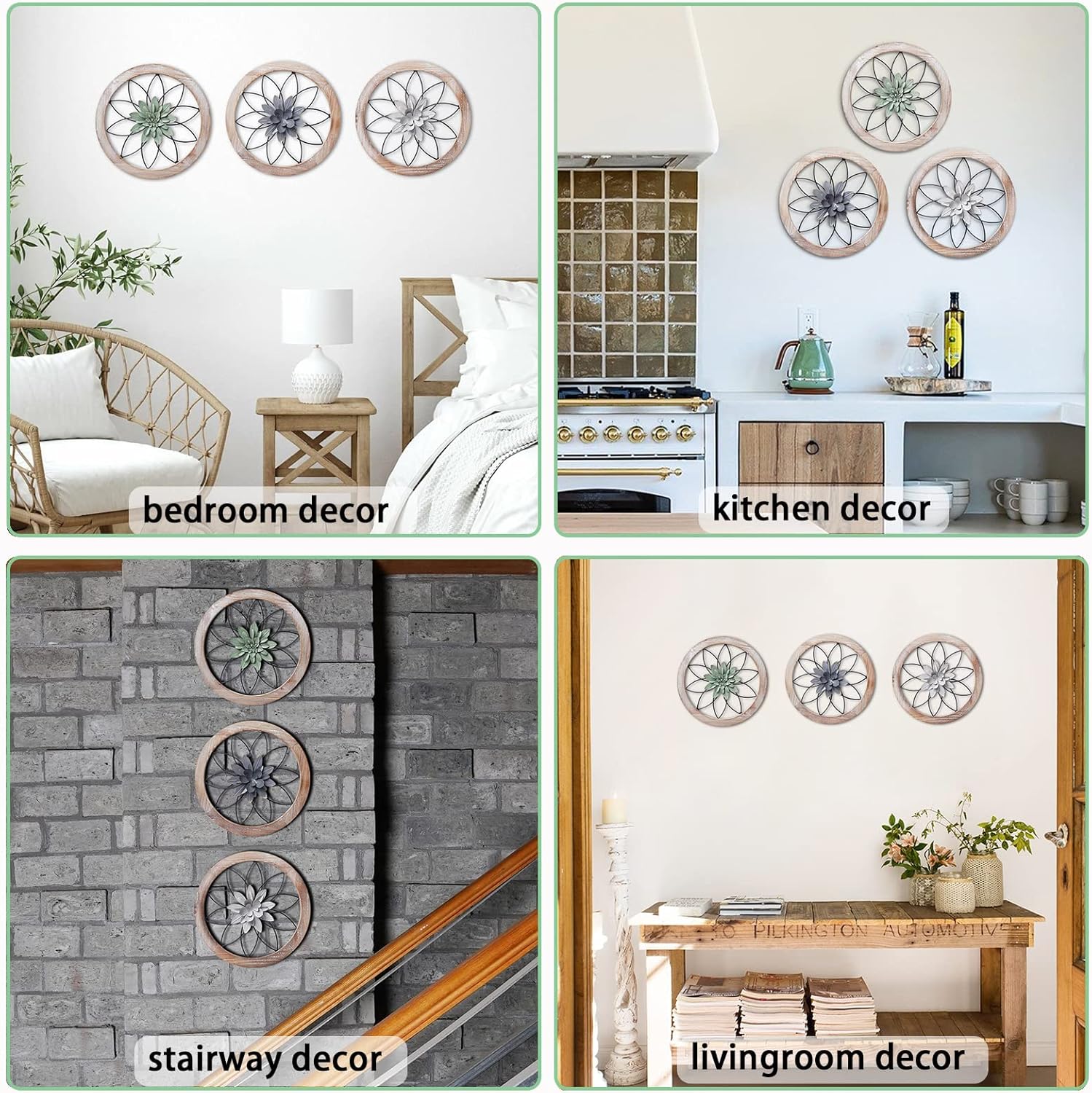 Paquesta 3 Piece Round Farmhouse Wall Decor with 6 Piece Interchangeable Flowers 12'' Medallion Wood & Metal Rustic Wall Art for Living Room Bedroom Kitchen Bathroom Dining Room Home Decorations