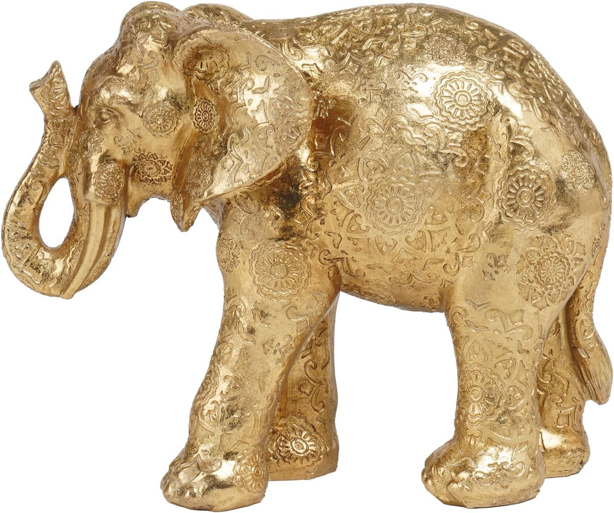 Elephant Statues Home Décor Collectible Figurines - Gold Resin Boho Elephant Decoration Handmade Brings Good Luck Health for Living Room Shelf Office Gifts for Women 7.25 x 3.25 x 5.75 Inch