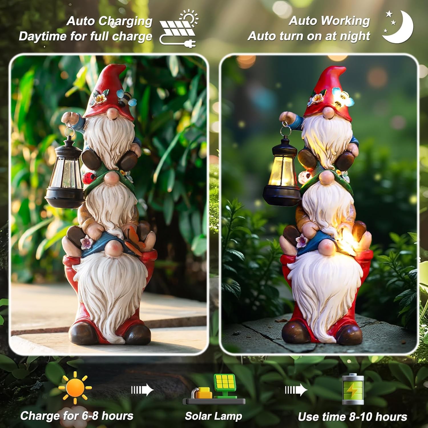 Garden Gnome Statue with Solar Lights Large Garden Sculptures Funny Triple Gnome Outdoor Patio Lawn Yard Garden Decor Gifts for Women Mom 12 in Spring Gnomes Outdoor