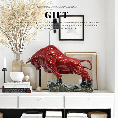 Bronze Bull Sculpture - Pure Copper Charging Bull/Cow/Ox Figure and Statue Handmand Collectable Art Decor - Raging Bull Figurine for Office& Home Decorations and Gift (L:8.3in Red)