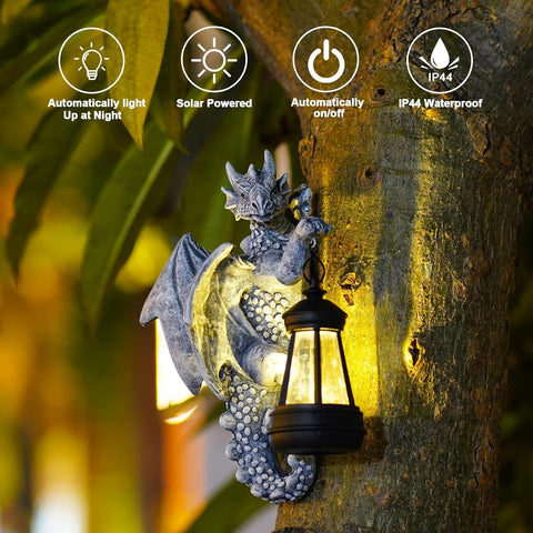 Goodeco Dragon Tree Hugger Solar Lantern Garden Statue - 9.3 Inch Resin Dragon Decor for Outdoor, Perfect Garden Gift & Yard Decor