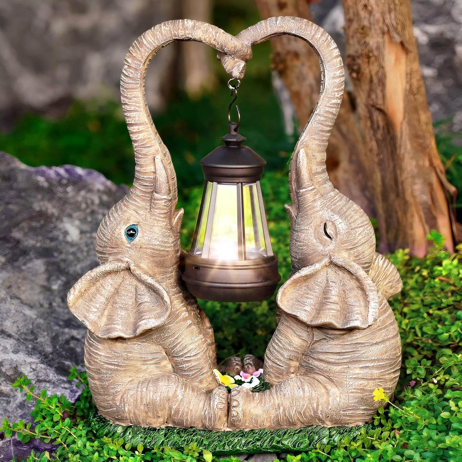 Elephant Statue Garden Decor with LED Solar Lights-Set of 2 Good Luck Elephant Outdoor Statue Christmas Decorations for Yard Patio,Porch,Home -Mothers Valentines Day Gifts for Women, Mom, Grandma