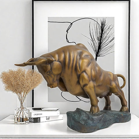 Bronze Bull Sculpture - Pure Copper Charging Bull/Cow/Ox Figure and Statue Handmand Collectable Art Decor - Raging Bull Figurine for Office& Home Decorations and Gift (L:8.3in Red)