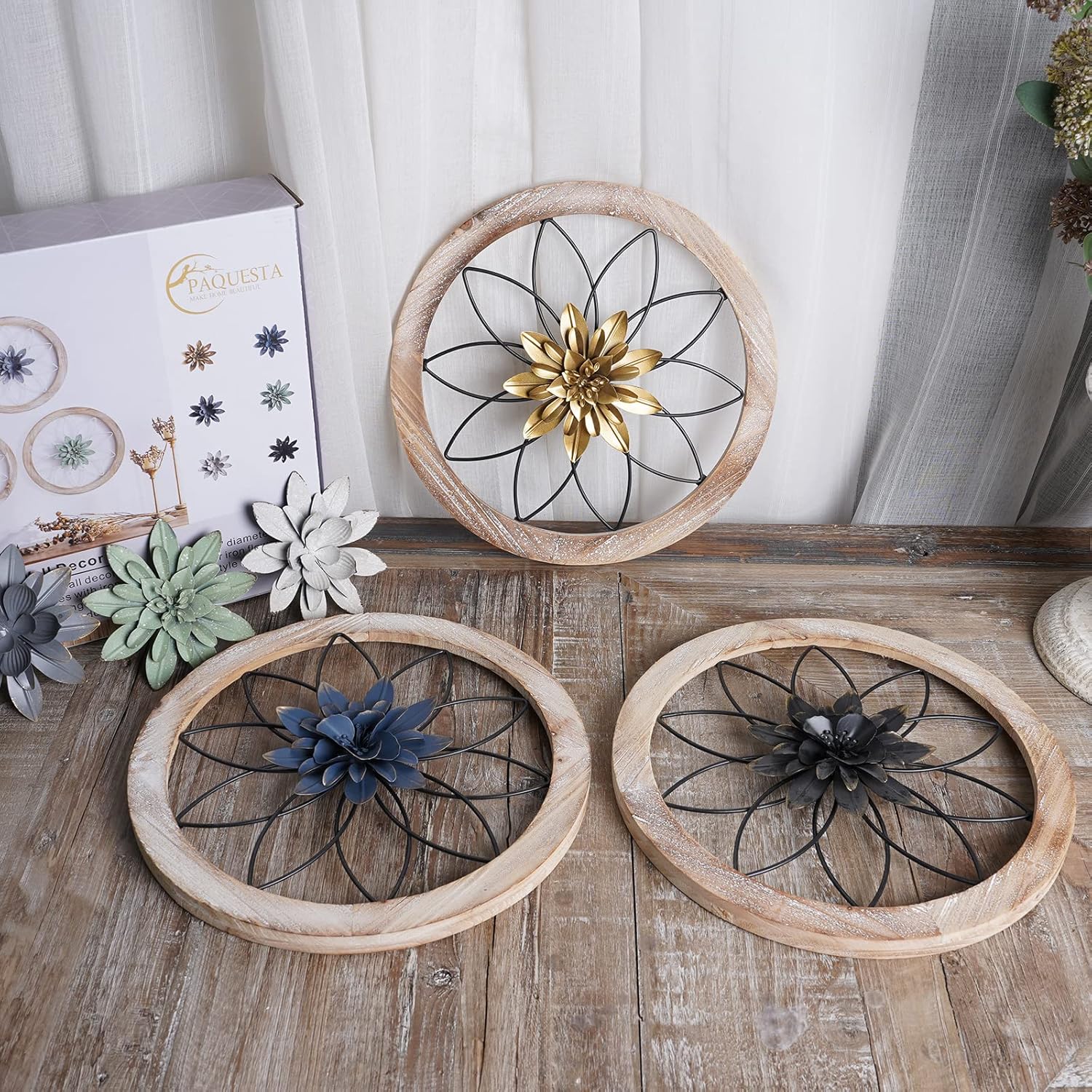 Paquesta 3 Piece Round Farmhouse Wall Decor with 6 Piece Interchangeable Flowers 12'' Medallion Wood & Metal Rustic Wall Art for Living Room Bedroom Kitchen Bathroom Dining Room Home Decorations