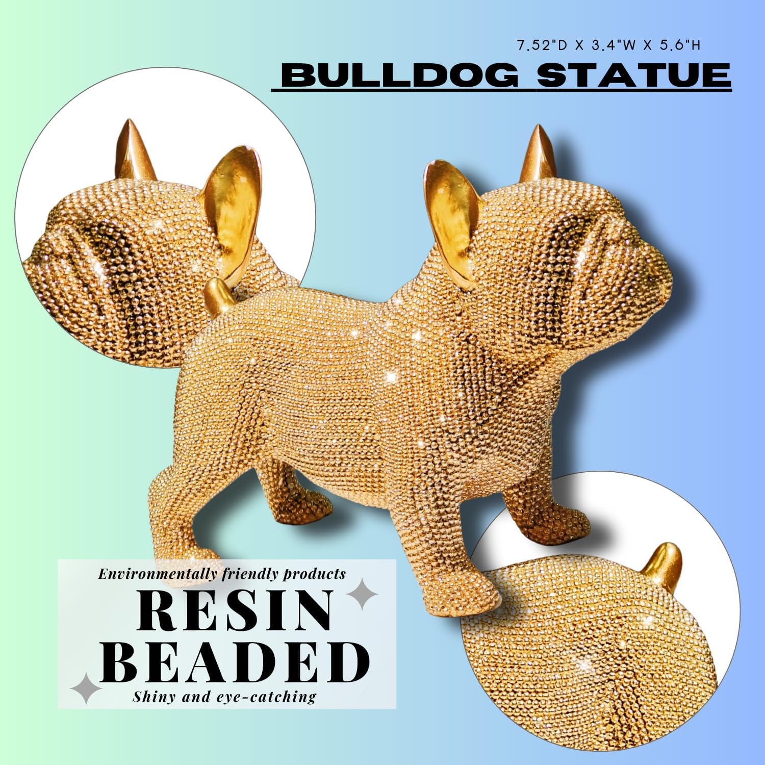 Handcrafted Bulldog Resin Home Decor Statue - Intricate Beaded Design - Unique Decorative Sculpture for Living Room, Office, or Bedroom