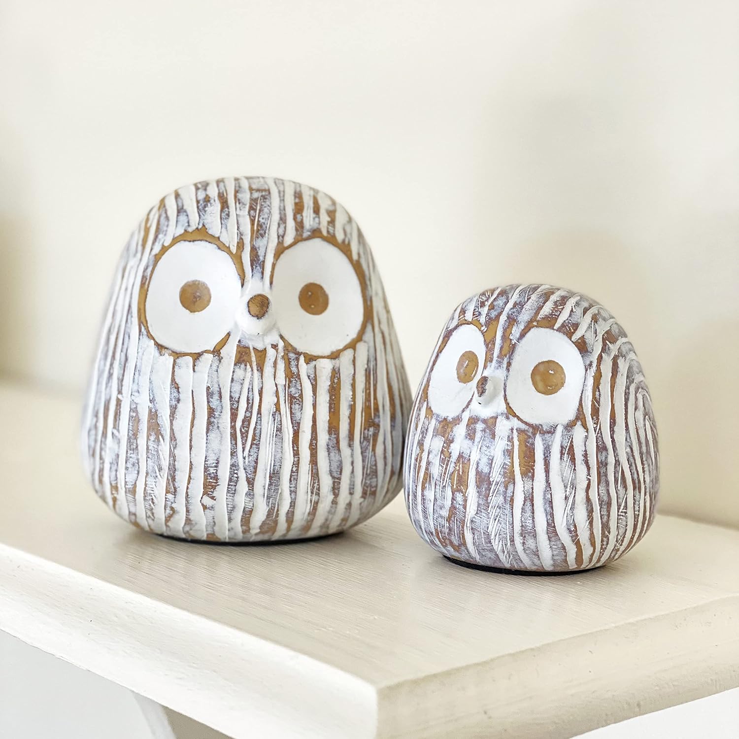 Chubby Night Owl Decor Statue Sculpture, Bookshelf Decor Accents, Boxed Set of 2, Rustic Brown & White, 3⅛ & 4⅓ Inch Decorative Resin Figurines