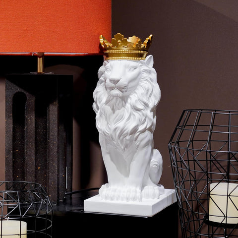 Lion Statue - Outdoor Collectible Figurine, 15 Inch Gold Crown Black Standing Lion Home Decor for Desk & Home Black Decor Gift