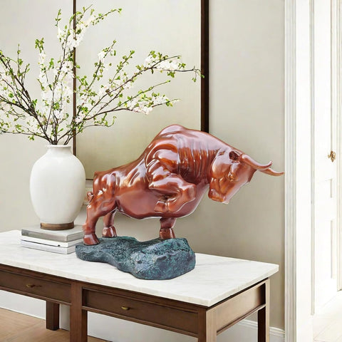 Bronze Bull Sculpture - Pure Copper Charging Bull/Cow/Ox Figure and Statue Handmand Collectable Art Decor - Raging Bull Figurine for Office& Home Decorations and Gift (L:8.3in Red)