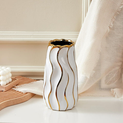 Ceramic Vase, White Vase for Home Decor,Decorative Flower Vase, Vertical Stripe Ceramic Vases for Home Décor, Bedroom, Office, Living Room, Bathroom, Tabletop Decor, Centerpiece (White)