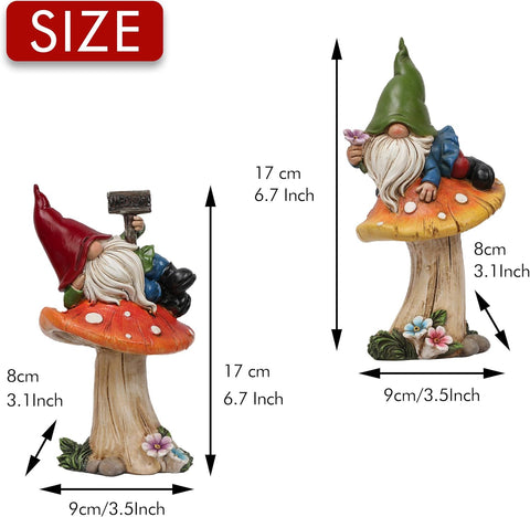 TERESA'S COLLECTIONS Resin Statues for Yard, Set of 2 Cute Garden Gnomes on Mushroom Statues for Outdoor Patio Porch Lawn, Ideal Gift for Dad Mom Birthday, Outside Decor Housewarming Gifts, 6.7"