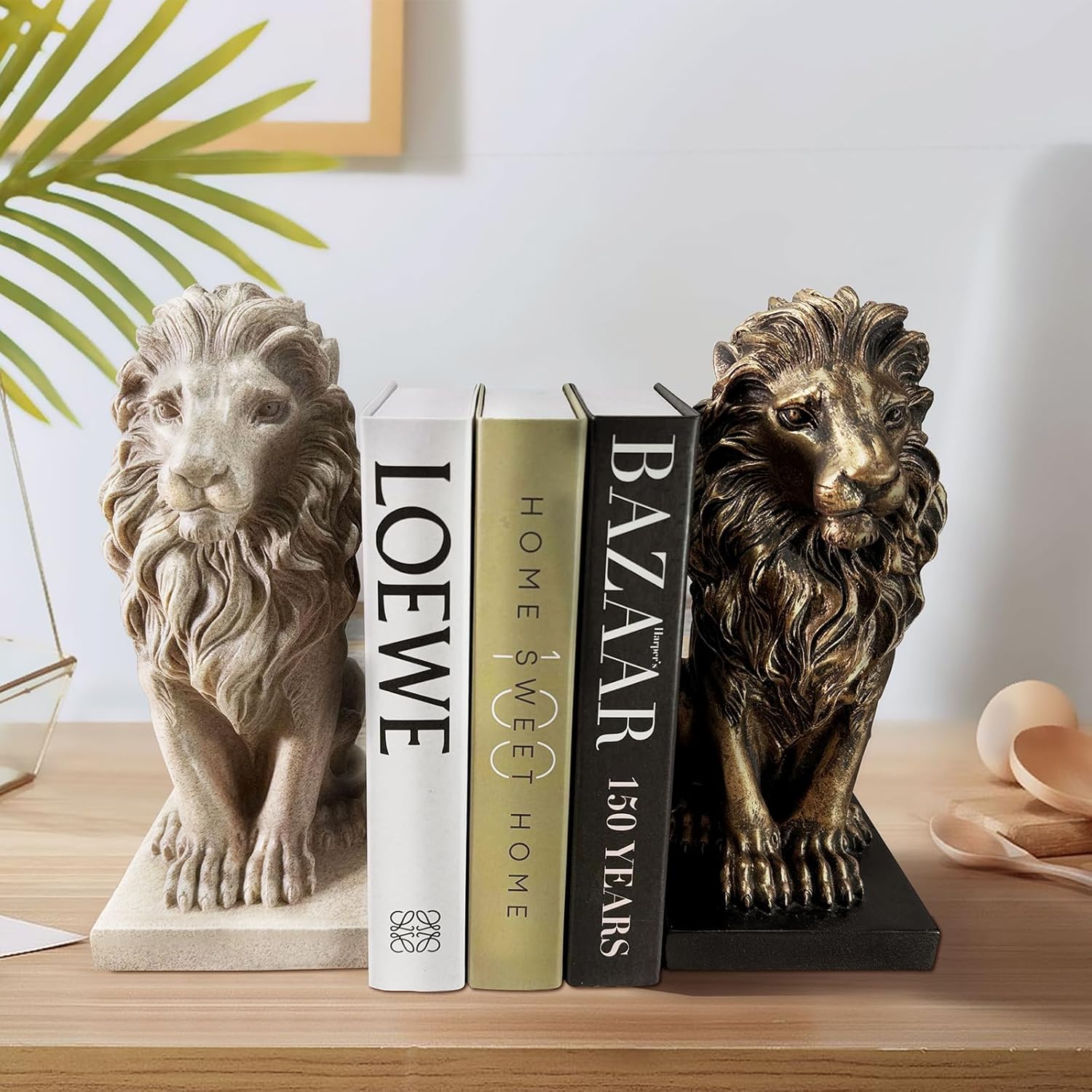 SIMON'S SHOP Lion Statues and Bookends, Beige Lion Sculptures for Mantel, Table Shelf Decor, 13'' Tall