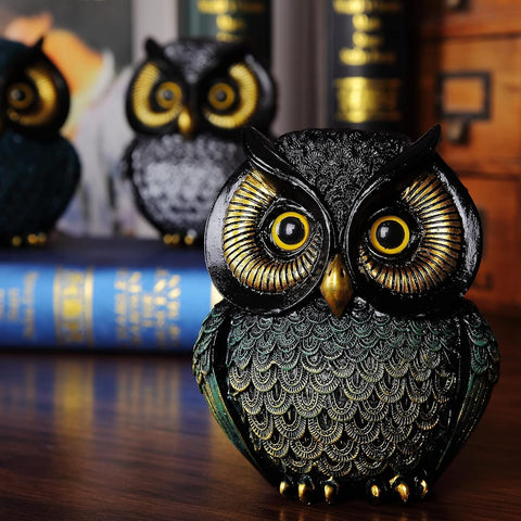 Owl Statue Home Decor Small Owl Figurines Shelves Decorations for Home Office Living Room Decor Gifts for Owl Lovers (Black-Green)