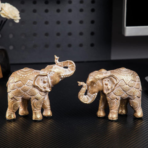 Elephant Statue for Home Decorations,Elephant Figurines with Trunk up,Elephant Decor for Shelf Shelves Table Living Room nightstand,African Elephants Gifts for Women Small Set of 2 Gold Color Accents