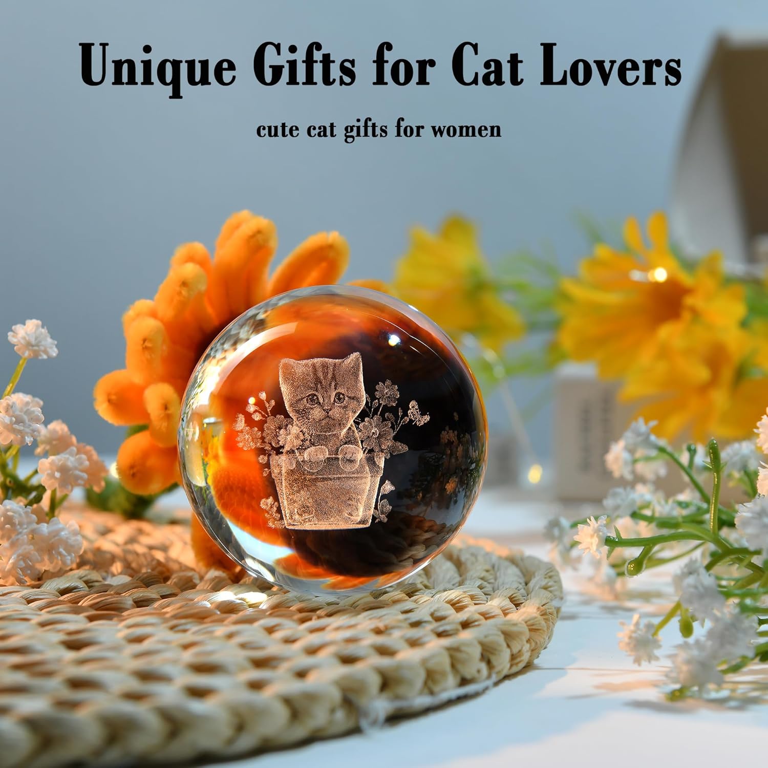 3D Cat Themed Gifts for Women Decor for Cat Lovers Cat Mom Crystal Ball Cat Related Sympathy Presents with Wooden Light Base