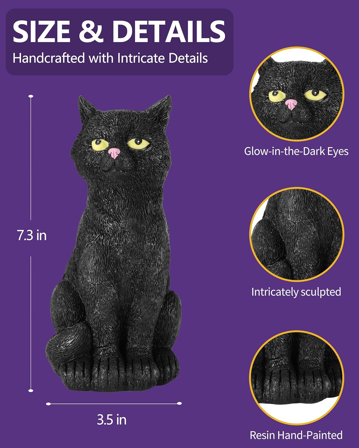 Black Cat Figurine with Glow-in-The-Dark Eyes - 7.3" Spooky Resin Halloween Decor Outdoor/Indoor Spring Summer Decorations Lawn Garden Statue (Black Cat)