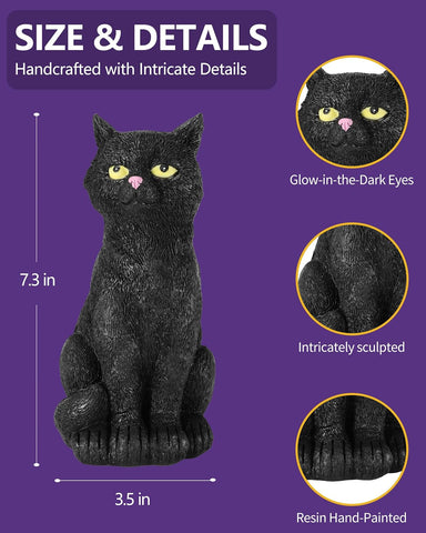 Black Cat Figurine with Glow-in-The-Dark Eyes - 7.3" Spooky Resin Halloween Decor Outdoor/Indoor Spring Summer Decorations Lawn Garden Statue (Black Cat)