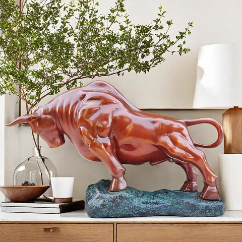 Bronze Bull Sculpture - Pure Copper Charging Bull/Cow/Ox Figure and Statue Handmand Collectable Art Decor - Raging Bull Figurine for Office& Home Decorations and Gift (L:8.3in Red)