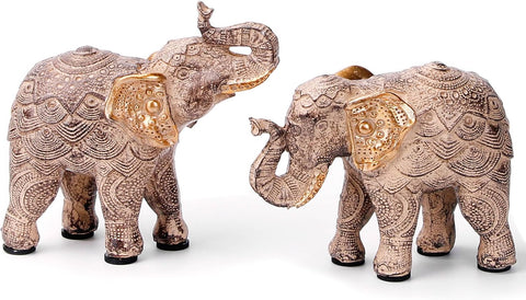 Elephant Statue for Home Decorations,Elephant Figurines with Trunk up,Elephant Decor for Shelf Shelves Table Living Room nightstand,African Elephants Gifts for Women Small Set of 2 Gold Color Accents