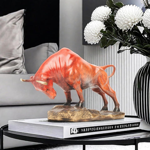 Bronze Bull Sculpture - Pure Copper Charging Bull/Cow/Ox Figure and Statue Handmand Collectable Art Decor - Raging Bull Figurine for Office& Home Decorations and Gift (L:8.3in Red)