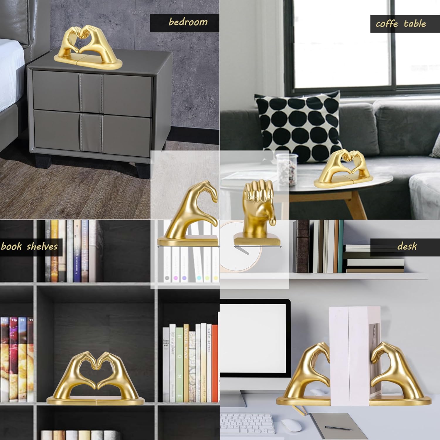 Gold Book Ends with Anti-Slip Unique Bookends for Shelves Heavy Books, Book Stopper for Shelves Books Magazines Home Office Decor