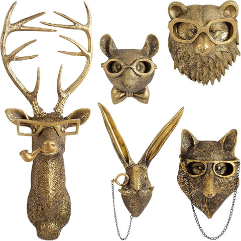 GUASDIE Animal Heads Wall Decor, Faux Deer Head Mount, Animal Sculptures Wall Decor, Resin Animal Head Wall Hanging Decoration for Living Room Bedroom Kitchen Gift,5pcs