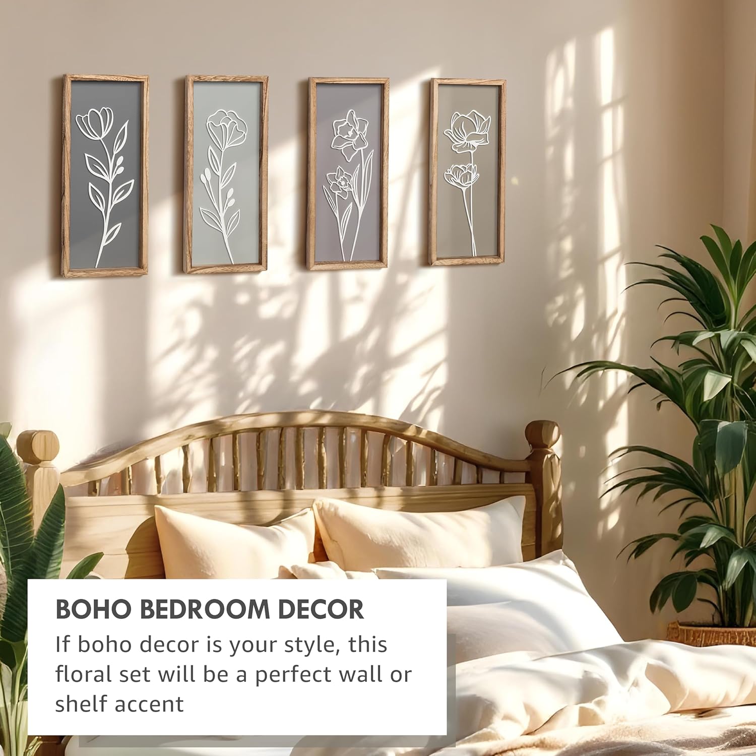 3D Wooden Floral Bathroom Wall Decor (Set of 4) Lightweight, Ready-to-Hang Framed Wall Art For Living Room, Bedroom, or Office - Premium Boho Botanical Farmhouse Decorations - Gift-Boxed