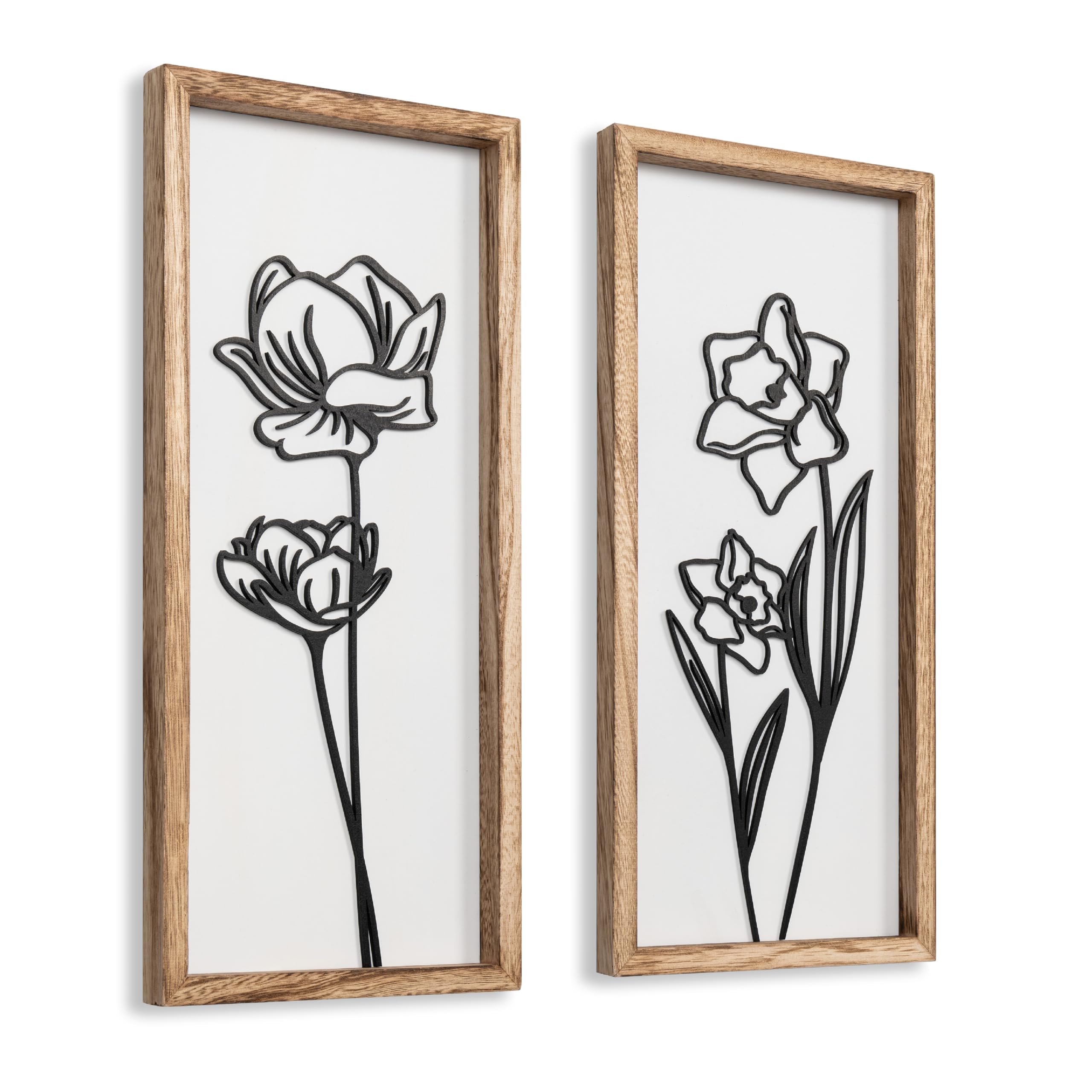 3D Wooden Floral Bathroom Wall Decor (Set of 4) Lightweight, Ready-to-Hang Framed Wall Art For Living Room, Bedroom, or Office - Premium Boho Botanical Farmhouse Decorations - Gift-Boxed