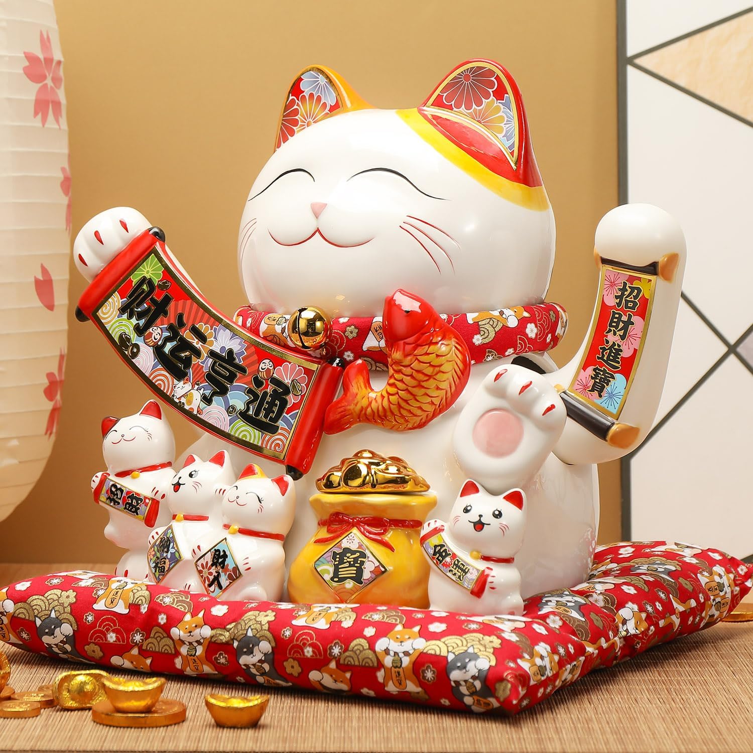 Lucky Statue Cat - Chinese Good Luck Cat with Waving Arm,Ceramic Fortune Cat Statue,Japanese Money Cat for Home, Office, and Store Decorations