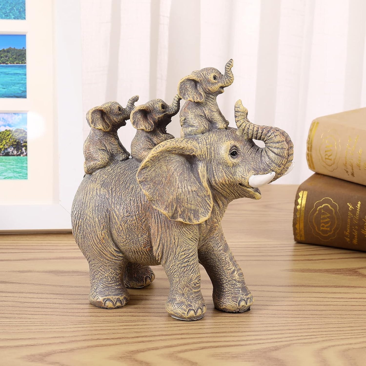 Cute Elephant Statue Home Décor Good Luck Elephant Carries Three Calves on Its Back Figurines Décor for Shelf Good Gifts for Women Decoration for Living Room, Bedroom, Office