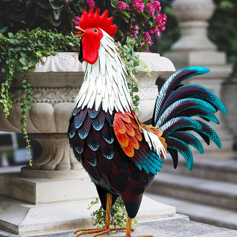 Metal Rooster Decor,Yard Chicken Decorations,Outdoor Garden Statues, Metal Chicken Sculpture for Backyard Patio Kitchen Decor & Lawn Ornaments