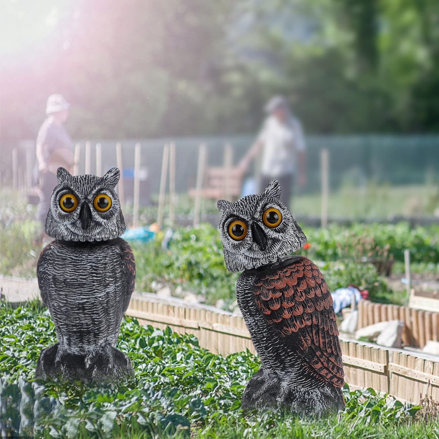 2 Pack Bird Scarecrow Fake Owl Decoy Sculpture, Rotating Head Plastic Owl Bird Deterrents, 10.6 Inch Height Nature Enemy Horned Pest Repellent for Outdoor Garden Yard