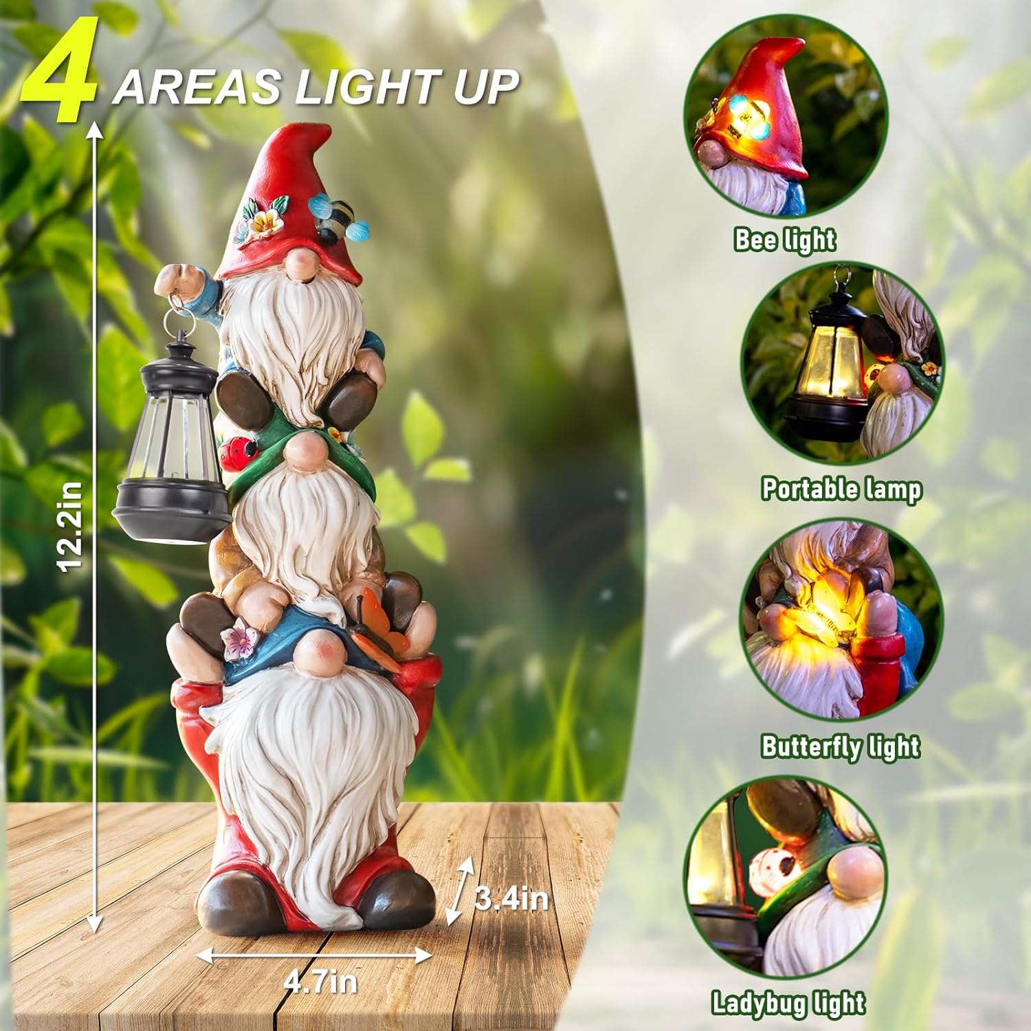 Garden Gnome Statue with Solar Lights Large Garden Sculptures Funny Triple Gnome Outdoor Patio Lawn Yard Garden Decor Gifts for Women Mom 12 in Spring Gnomes Outdoor